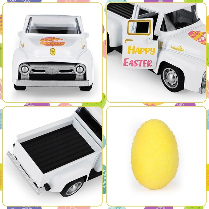 Easter Metal Truck with Yellow Eggs Easter Party Decors Easters Gifts Basket Stuffers Farmhouse Vintage White Metal Truck Decor Vintage Collectible Car for Desk Bookshelf