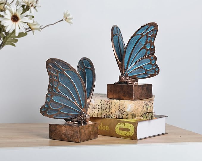 Vintage Blue Butterfly Bookends,Resin Book Ends for Shelves,Heavy Duty Decorative Bookends,Creative Book Stopper Holder Decor for Desk Home Office,Shelf Decoration,Gifts for Mother's Day