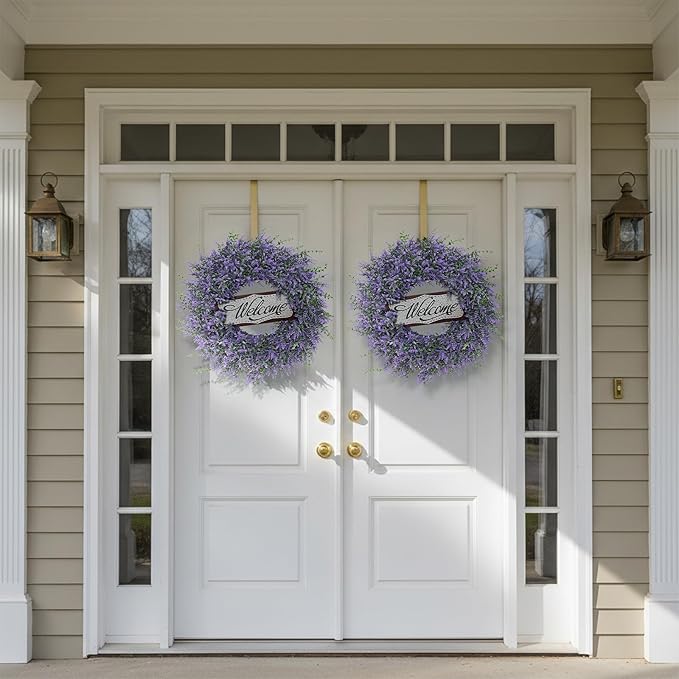 26" Artificial Lavender & Eucalyptus Wreath with Welcome Sign for Front Door, Porch, Window - Large Greenery Outdoor Wreath for Home, Farmhouse Decor - Spring, Summer, All Seasons (Purple)