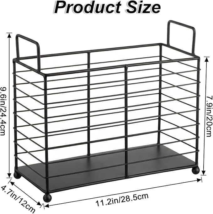 Metal Magazine Holder Rack, Black Iron Wire Storage Basket with Handles for Books, Newspapers, Tablets, Files, Mail Organizer for Home Office Living Room Bedroom