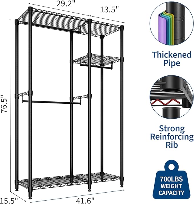 Heavy Duty Clothes Rack,Load 705LBS Garment Rack Portable Closet,Free Standing Closet Organizers and storage with Adjustable Shelves, Hanging Rods, Dividable Black 76.5"H x 41.6"L x 15.5"W
