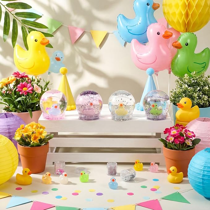 12 Sets DIY Duck Snow Globe Kit for Kids, 12 Globe Bottles, Glow in The Dark Duck Figurines, Glitter Sequins & Mini Hot Glue Gun, Summer Fun Craft Activity Set, Birthday Party Favor Gift