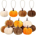 12 Pcs Velvet Pumpkins Fall Thanksgiving Pumpkins Hanging Ornaments Fall Tree Decorations Orange White Brown Velvet Wrapped Pumpkin Ball Decor with Hemp Rope for Thanksgiving Party Tree Farmhouse (A)