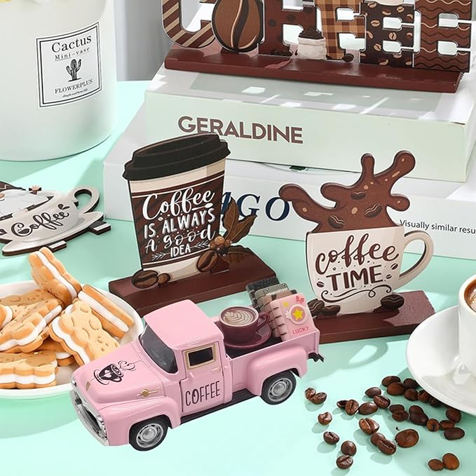 Coffee Bar Decor Vintage Mini Metal Pickup Truck Decor with Book Accessories for Coffee Station, Farmhouse Tiered Tray Tabletop Decorations for Home Kitchen, Office, Cafe