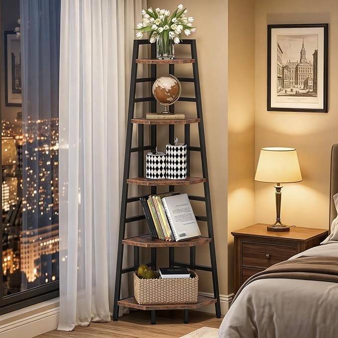 CHOEZON 70.1-Inch 5-Tier Tall Corner Shelf, Narrow Bookshelf for Small Spaces, Industrial Bookcase Display Stand for Living Room, Bedroom, Office, Rustic Brown TCJ25BF