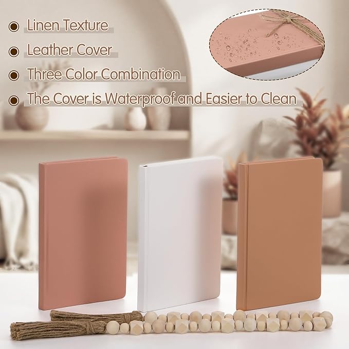 Feifeiya 3 Pieces Faux Decorative Books Set for Home Decor Fake Book for Shelves Coffee Table Stacked Linen Covered Display Notebook with Wood Bead Bookend Gift for Living Room(Neutral Pink)