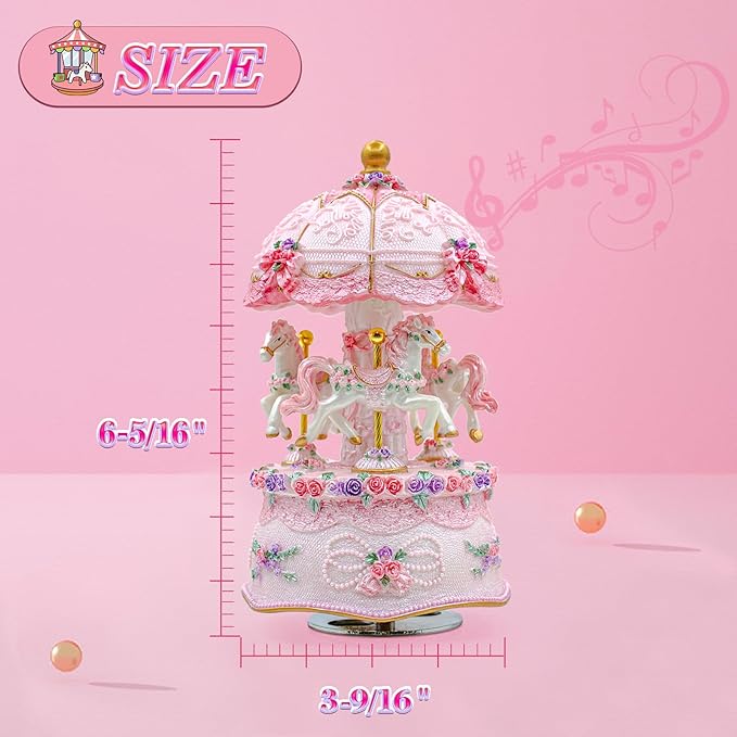 Carousel Music Box，Luxury Color Change LED Light Music Box,Luminous Rotating 3-Horse Musical Box with Gift Box for Girls Birthday Valentine Gift (You are My Sunshine, Pink)