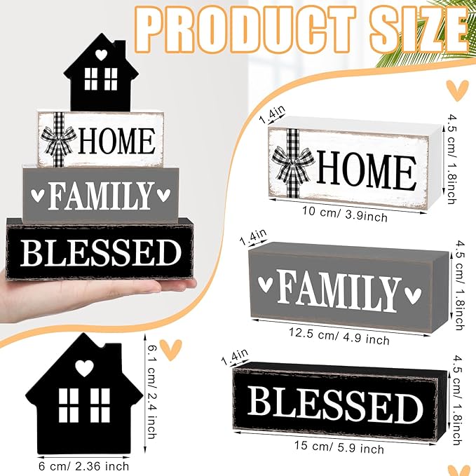 Cinnvoice 4 Pcs Farmhouse Tabletop Decor Rustic Family Blessed Home Table Centerpiece This Is Us Sign for Kitchen Shelf Desk Fireplace Mantel Tiered Tray Decor(Neutral Home Family Blessed)
