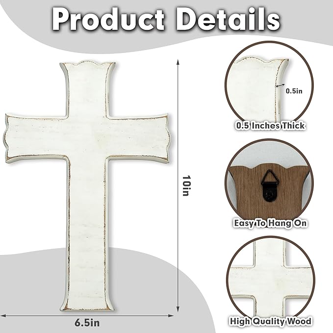 Bltgh White Wooden Cross Wall Decor, Religious Cross Gifts With Hook on Hanging Wall Or Table, Confirmation Cross Gift, Baptism Gifts, Rustic Home Church Room Crosses Décor, 10x6.5 IN