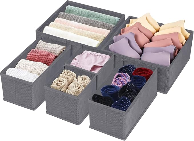 homyfort Dresser Drawer Organizer, Foldable Cloth Storage Box Closet Cube Basket Bins Containers Divider with Drawers for Underwear, Bras, Socks, Ties, Scarves, Set of 6, Grey