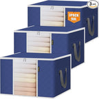 BALEINE 3 Pack Clothes Storage Bags, 24 Gallon Storage Containers with Reinforced Handle, Sturdy Zipper, Closet Organizer for Blanket, Comforter, Pillow, Bedding (Blue, 3 Pack)