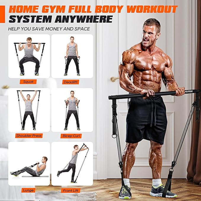 Pilates Bar Kit with Resistance Bands, Heavy Duty Pilates Equipment for Men, Training Bands with Handles for Legs, Hip, Back, Arm, Abs, Chest, Shoulders, Portable Home Gym Workout Equipment