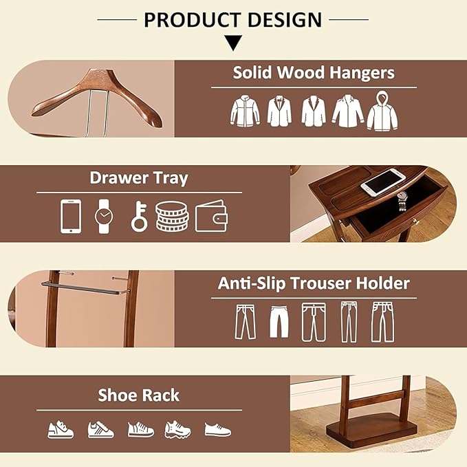 Wood Clothes Valet Stand with Tray, Floor Standing Suit Valet Stand with Drawers and Front Trouser Rack, Men's Valet Stand, for Living Room Office Dressing Room 44.4x30x112.2 cm (Black)