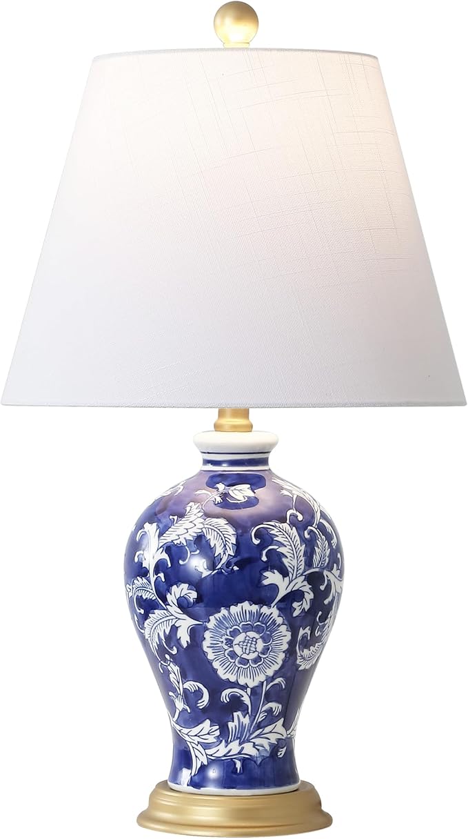 JONATHAN Y 24" Navy/White French Country Ceramic Floral Urn Table Lamp, White Linen Shade, Chinoiserie Ginger Jar Bedside Lamp for Living Room Bedroom, LED Bulb (JYL3009E)