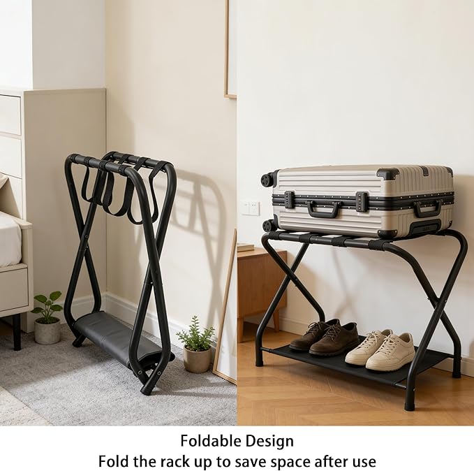 2 Pack Luggage Rack with Storage Shelf, Steel Folding Suitcase Stand, Portable Luggage Stand for Indoor Bedroom, Living Room and Outdoor Camping, 27.5 x 14.2 x 20.7 Inches