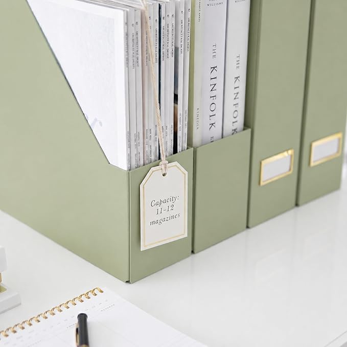 BLU MONACO | Set of 6 Foldable Magazine File Holders in Earth Green | Heavy-Duty Vertical File Organizers with Label Holders | Desk Organizer Set for Paperwork, Documents & Office Storage