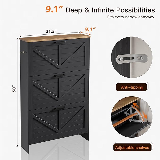 Nicetree Barn Door Shoe Cabinet for Entryway - Modern Farmhouse Shoe Storage Cabinet with 3 Flip Drawers - Slim Hidden Shoe Organizer, 3-Position Adjustable Divider, Fits Size 13, Brushed Black