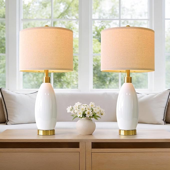 USumkky 24" White Oval Ceramic Table Lamp Set of 2, Modern Minimalist Bedside Nightstand Lamps for Bedroom Living Room, Linen Shade & Gold Metal Base, Rotary Switch E26 (Bulbs Excluded)