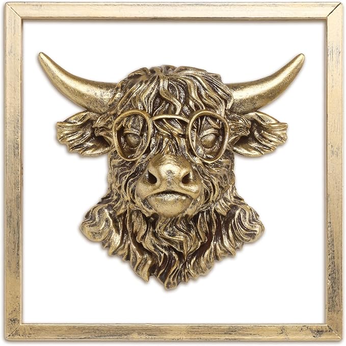 Newinhome Animal Heads Wall Decor (Includes Metal Frame) Resin Animals Sculptures Head Wall Hanging Decoration Gold vintage Wall Sculpture for Living Room Bedroom Office(Highland cattle)
