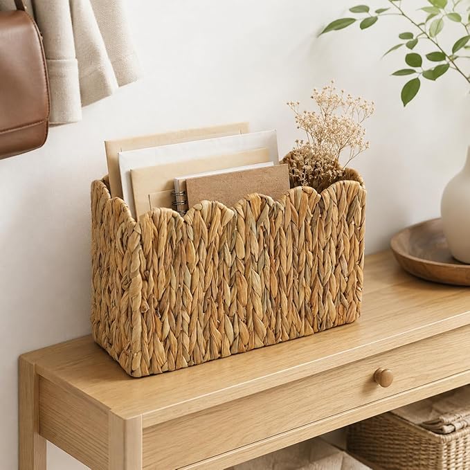 Water Hyacinth Magazine Holder for Floor, Tall Narrow Wicker Magazine Basket with Scalloped Edge – Handwoven Magazine Rack, Book Basket & File Holder for Living Room, Office & Bedroom