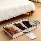 SATINIOR 3 Pcs 3 Section Under Bed Shoe Storage Boot Bag Beige and Brown Underbed Shoe Organizer with Large Clear Pockets Fabric for Storage Men's and Woman's Boots