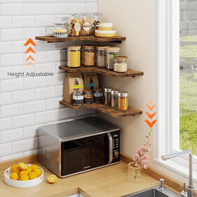 Homode Corner Floating Shelves, Corner Shelves Wall Mounted with Cord Hole, Set of 3 L Shape Wood Wall Storage Shelves for Living Room Bedroom Bathroom Kitchen, Rustic Brown