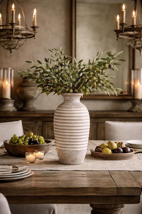 Emotionally Grounded Vase, Vaseking Large Ceramic Rustic Vase, 14.4 inch Minimalist Threaded Decorative Farmhouse Tall Vases for Home Decor, Living Room, Enterway, Table Decoration, Khaki