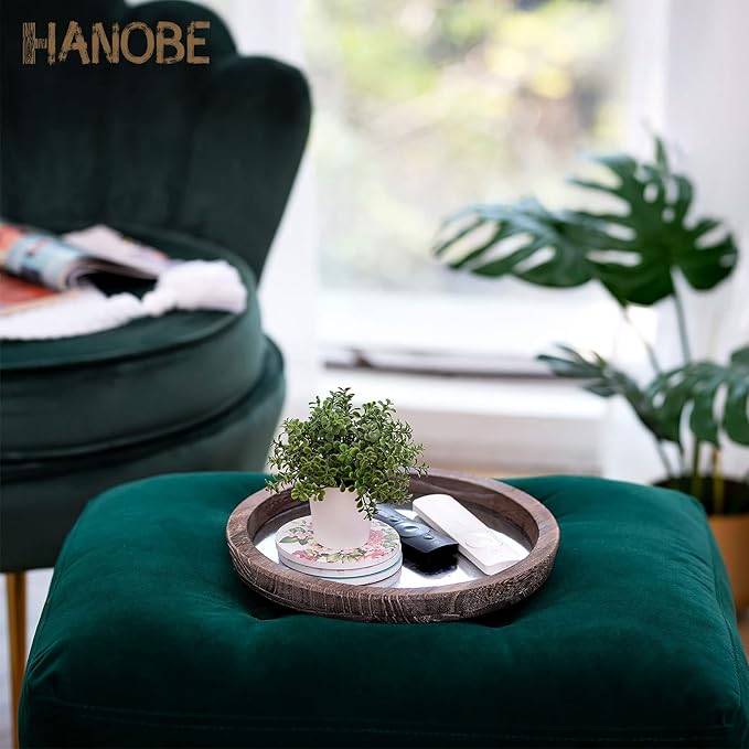 Hanobe Round Wood Decorative Tray: Rustic Wooden Tray for Coffee Table Farmhouse Centerpiece Mirror Candle Holder Vintage Mirrored Bar Plate Ottoman Topper for Home Decor Bathroom Kitchen