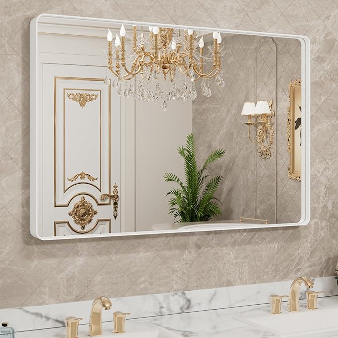 LOAAO 48x32 Inch White Metal Framed Bathroom Mirror for Wall, White Bathroom Vanity Mirror Farmhouse, Large Rounded Rectangle Mirror, Anti-Rust, Tempered Glass, Hangs Horizontally or Vertically
