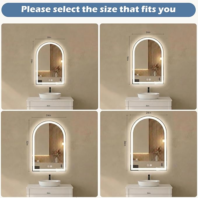 Sweetcrispy 20“x 28” LED Bathroom Backlit Mirror with Lights, Arched Lighted Bathroom Vanity Mirrors with Anti-Fog, Dimmable, 3-Color Light, Memory Function, Tempered Glass, Water-Proof Design