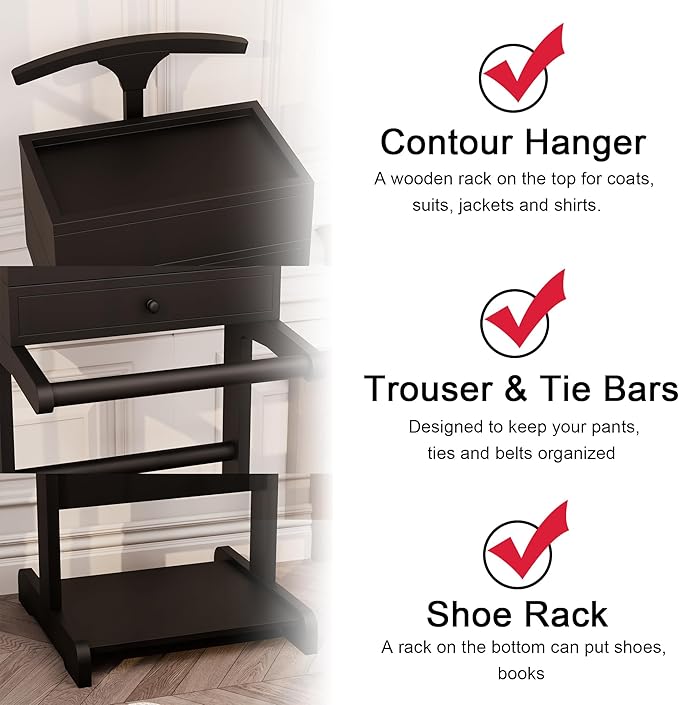 Brefhome Wooden Valet Stand with Drawer & Tray, Clothing Rack for Men Women, Modern Garment Rack for Entryway, Bedroom, Commercial, Black