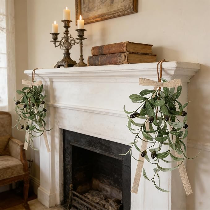 4 PCS Spring Summer Teardrop Swag Chandelier Rings Wreaths Decoration with Bow Artificial Green Olive Sconce Lighting Swag Wreath Greenery Candlestick Wreath for Farmhouse Wall Cabinet Holidays Decor