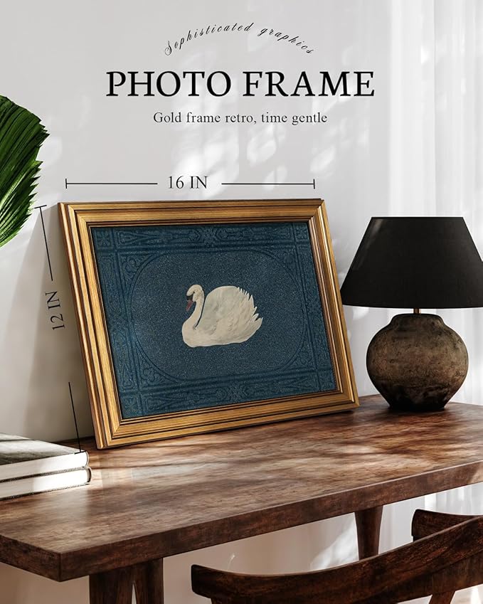 VIYYIEA Vintage Gold Framed Wall Art for Living Room, Swan Canvas Prints Home Decor, Retro Painting Picture, Bedroom Wall Decor Gifts for Friends or Family -【Grace Swan】-(16L x 12W)