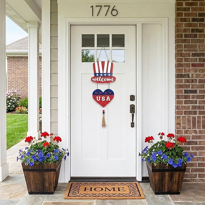 Valery Madelyn 4th of July Wreath, Patriotic Wreath for Front Door, Red White and Blue Top Hat and Heart Wall Signs for Memorial Day Independence Day USA 250th Anniversary, 28 inch