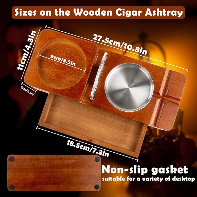 Father Day Gifts Cigar Ashtray Coaster Whiskey Glass Tray and Cigar Holder, Wooden Ash Tray, Slot to Hold Cigar, Cigar Rest Cigar Accessory Set Gift for Men Dad, Great Decor for Home(Large drawer)