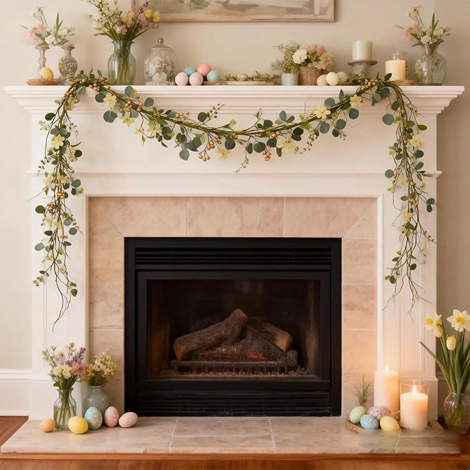 6FT Artificial Eucalyptus Garland, Spring Greenery Garland with Berries and Wildflowers for Home Table Mantle Wedding Festival Indoor Outdoor Decor