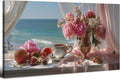 Vintage Pink Flower Wall Art Retro Flowers in Golden Vase Pictures Blue Ocean Coastal Landscape Canvas Prints Blossom Painting Poster Floral Artwork for Living Room Bathroom Home Decoration 24x48"