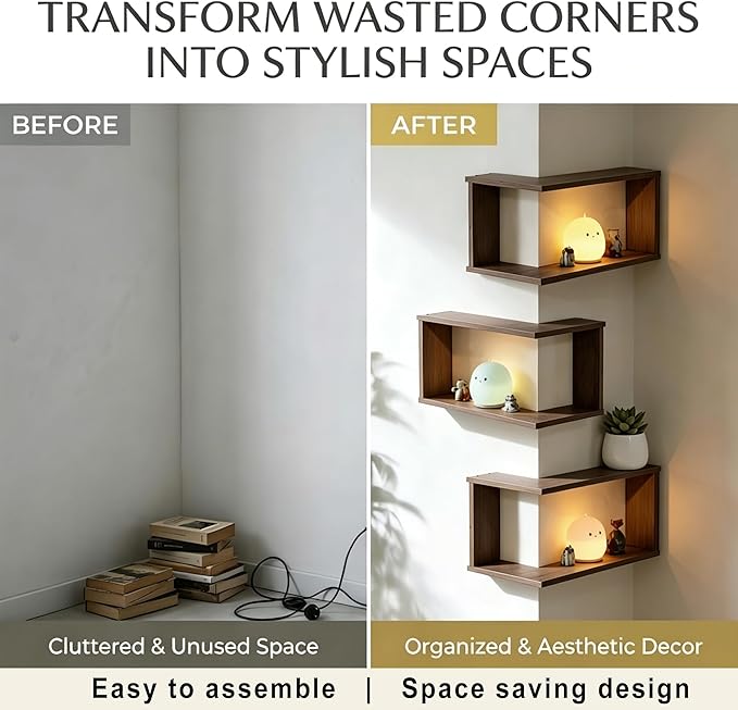 LIYAOLI Floating Shelves for Inside & Outside Corners Wall Shelves, Modern Wooden Corner Shelf Wall Mounted for Bedroom Living Room Bathroom Kitchen,Space Saving Wall Decor (Vintage - Set of 3)