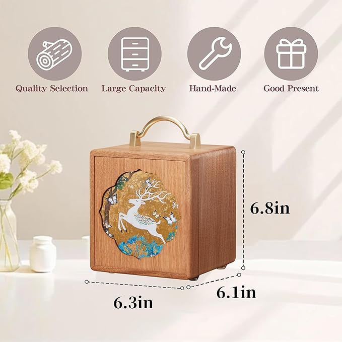 Wooden Jewelry Box for Women 4 Tier Walnut Wooden Jewelry Box with handle (White Deer Print A)