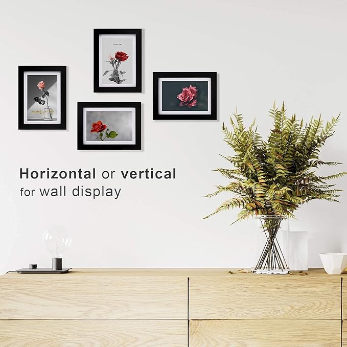 Egofine 5x7 Picture Frames Set of 4, Made of Solid Wood Covered by Plexiglass 3.5x5 and 4x6 with Mat or 5x7 without Mat, for Table Top Display and Wall Mounting Photo Frame Black