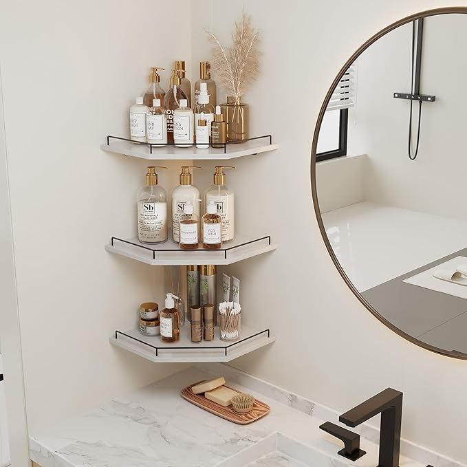 JJL Corner Shelf Wall Mounted, 12 Inches 3-Tier Floating Corner Shelf with Rails, Hexagon Rustic Wood Decor, White Wall Shelves for Apartment Bedroom Kitchen Bathroom