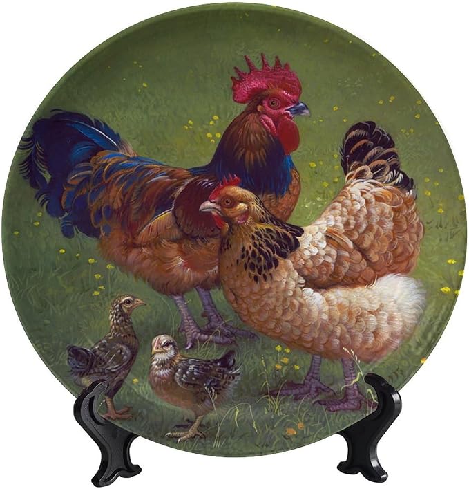 Rooster Decorative Plate Holder, 6 Inch, Rooster Chicks Hang Out on The Lawn Round Display Plate, Table Top Plate Decor with Stand, for Display Living Room Kitchen Closet Table Decor