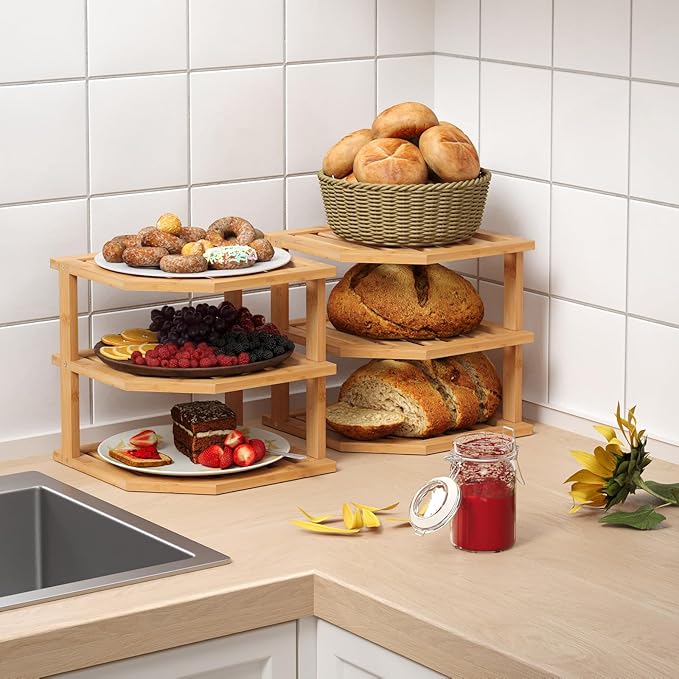 VERTORGAN 3 Tier Bamboo Corner Shelf(2 Pack),Plate Organizer,Dish Drying Rack,Kitchen Spice Rack for Countertop and Cabinet