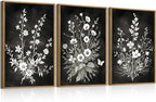 BINCUE Framed Black and White Floral Wall Art Set of 3 Botanical Wall Decor Flowers Paintings Botanical Art Prints White Floral Wall Pictures Black Artwork for Living Room Bedroom Office Farmhouse 16x24 Inches