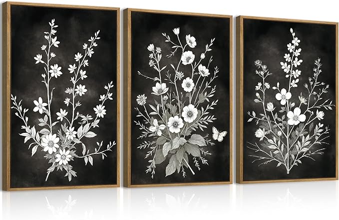 BINCUE Framed Black and White Floral Wall Art Set of 3 Botanical Wall Decor Flowers Paintings Botanical Art Prints White Floral Wall Pictures Black Artwork for Living Room Bedroom Office Farmhouse 16x24 Inches