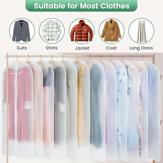 12 Pack Garment Bags for Hanging Clothes - Translucent Dress Bag for Closet Wardrobe Storage Travel - 24" x 57"