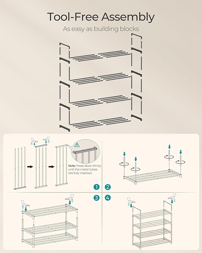 SONGMICS Shoe Rack, 4-Tier Shoe Organizer, Metal Storage Shelf, Upright or Upside Down, for 10-15 Pairs, Stackable, for Entryway, 11.8 x 26.8 x 28.4 Inches, Black ULSA204B01