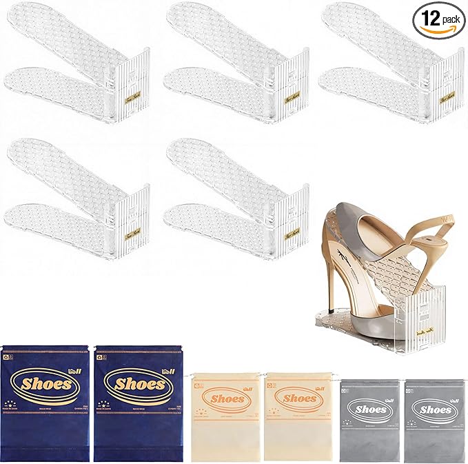 6Pack Shoe Slots Organizer and 6Pcs Shoe Storage Bags Set, Adjustable Double Layer Stack Shoe Space Saver Holder, 50% Space-Saving White Plastic Thickening Shoe Rack for Closet Organization