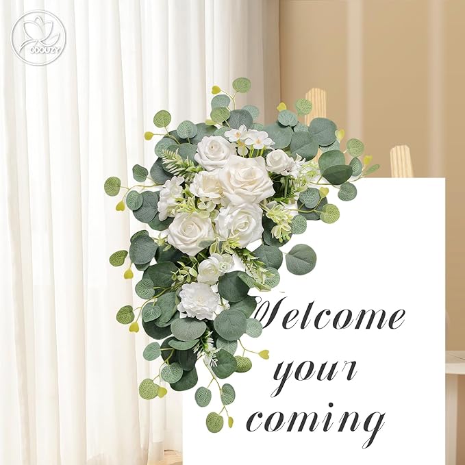 Odouzy Artificial Wedding Arch Flowers for Wedding Sign,Set of 2 for Wedding Welcome Ceremony Sign,Faux Floral Swags,Wedding, Banquet and Reception Backdrop Floral Decoration (White)