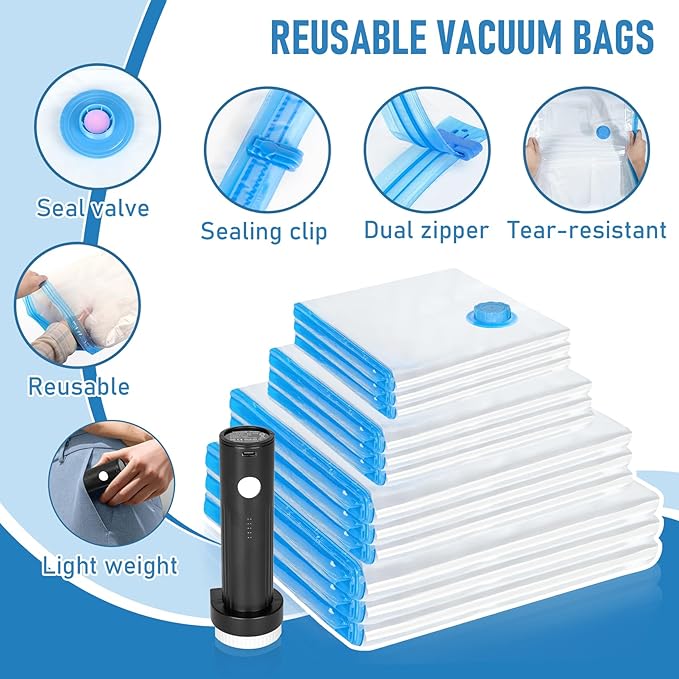 Vacuum Seal Bags for Clothing Travel with Rechargeable Air Pump, 12 Pack of 4 Carry-on Size Space Saver Vacuum Storage Bags, Compression Packing Bags for Luggage Suitcase for Closet Organization